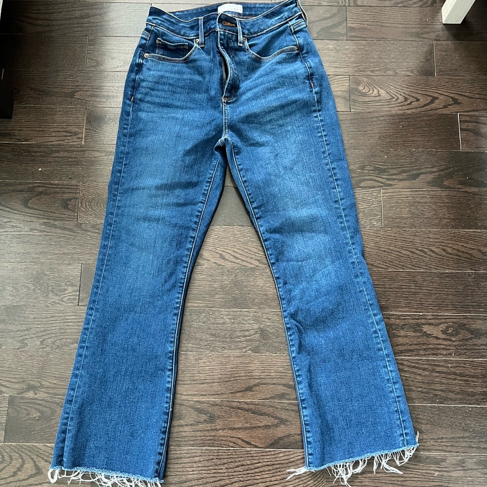 LOFT Curvy Destructed Hem High Rise Kick Crop Jeans In Clean Dark Wash, Size 27